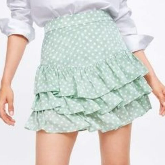Zara Dresses & Skirts - Bloggers' Fave- Zara Mint & White Polka Dot Ruffle Mini Skirt/Skort Sz M‎ -EUC